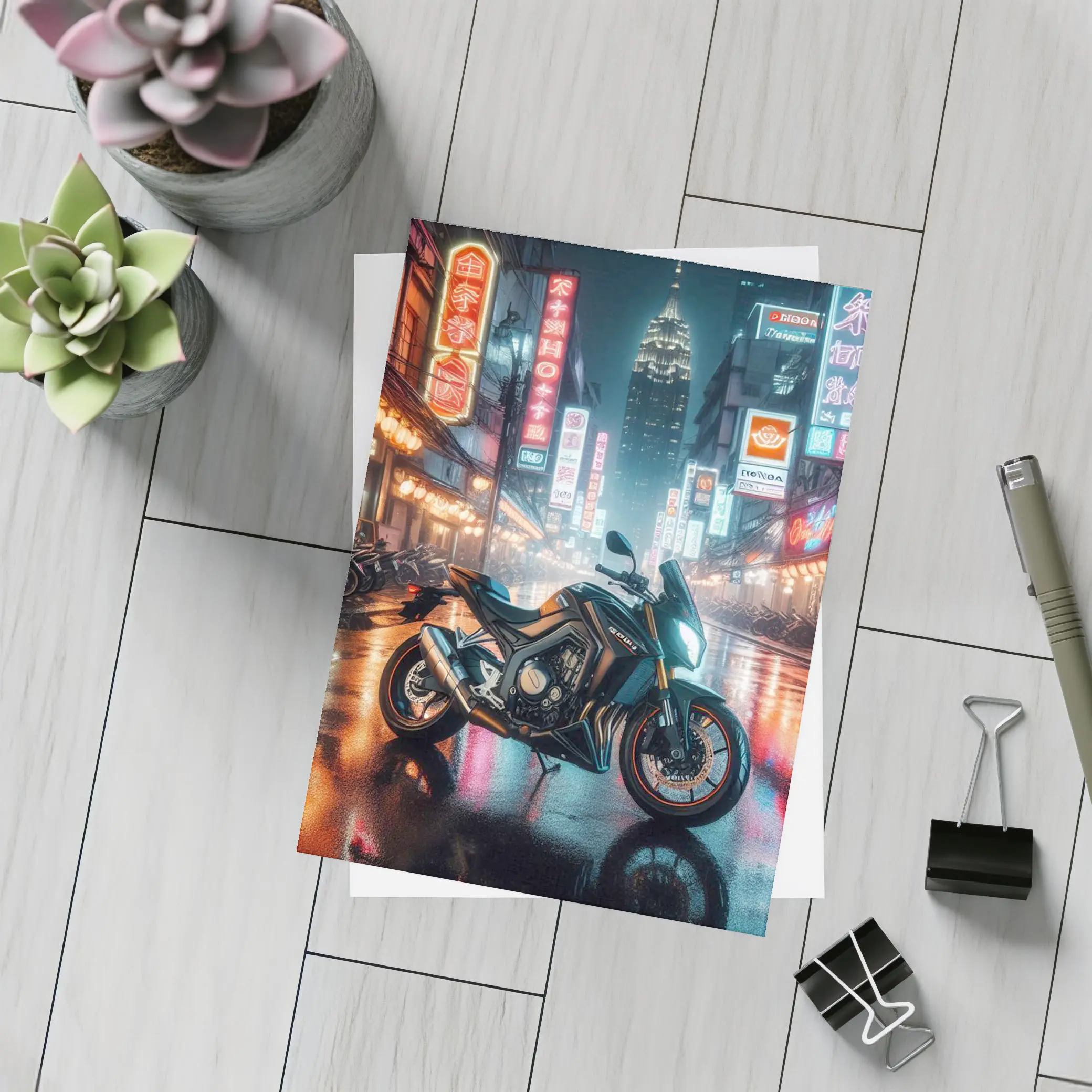 Naked Bike Rainy Neon City Night Street – Postcards