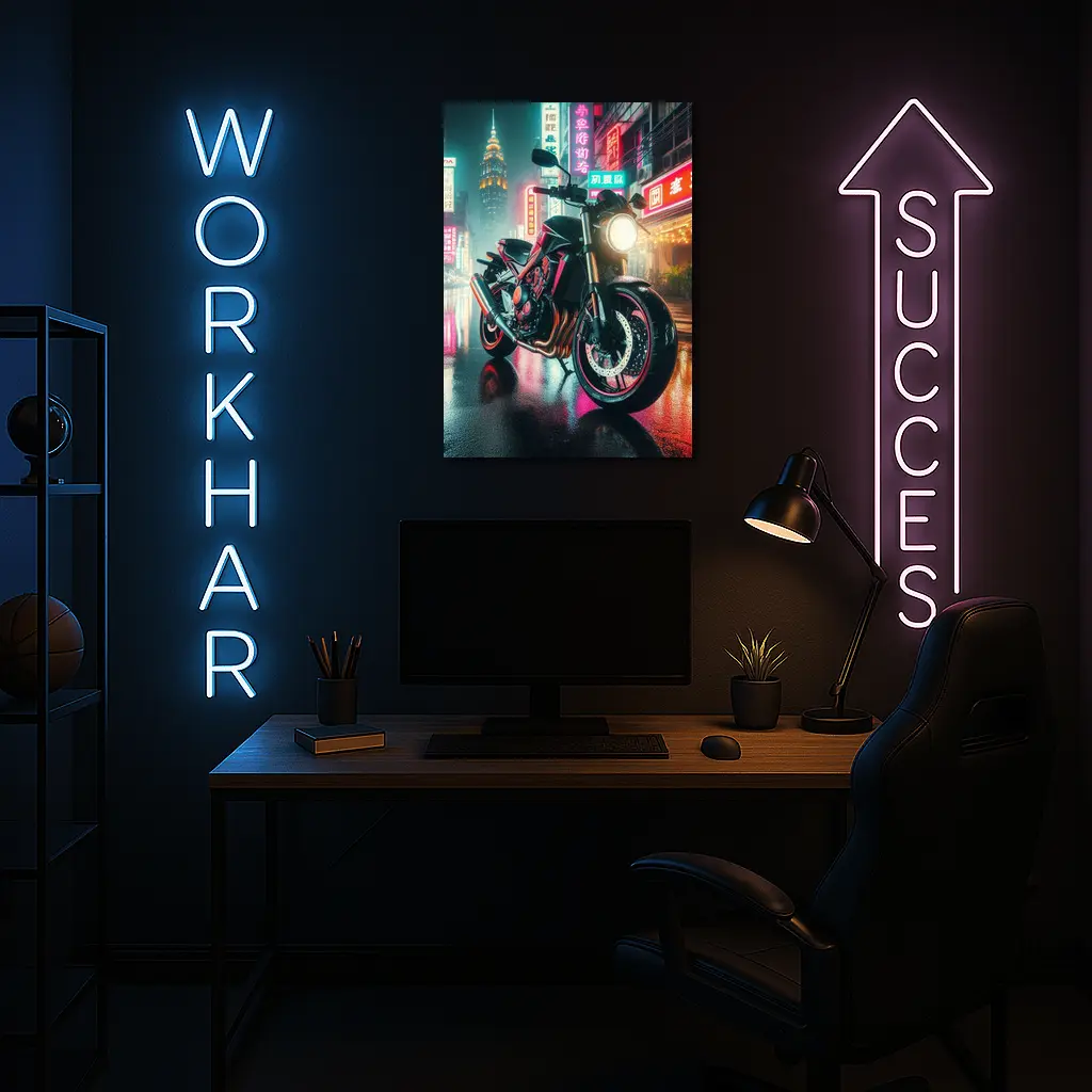 Naked Bike Neon City Rainy Night Street – Wall Art