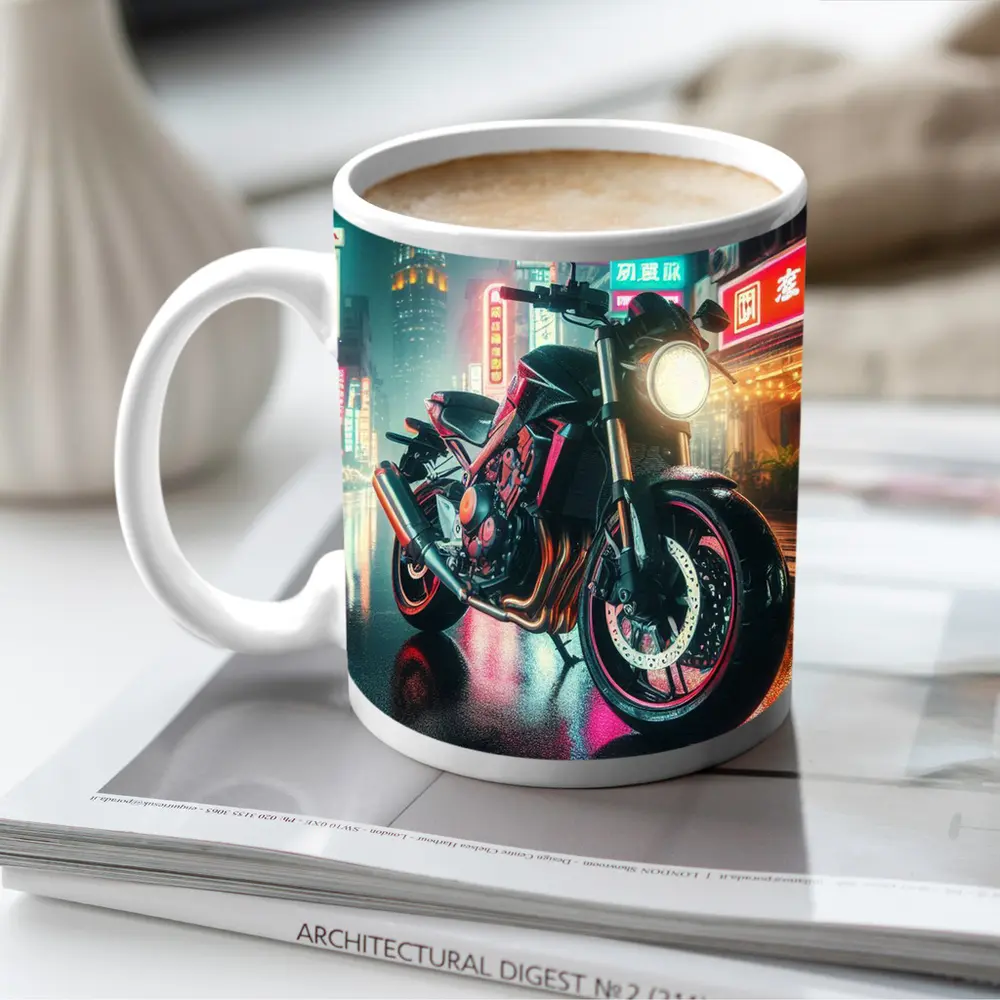Naked Bike Neon City Rainy Night Street – Mugs