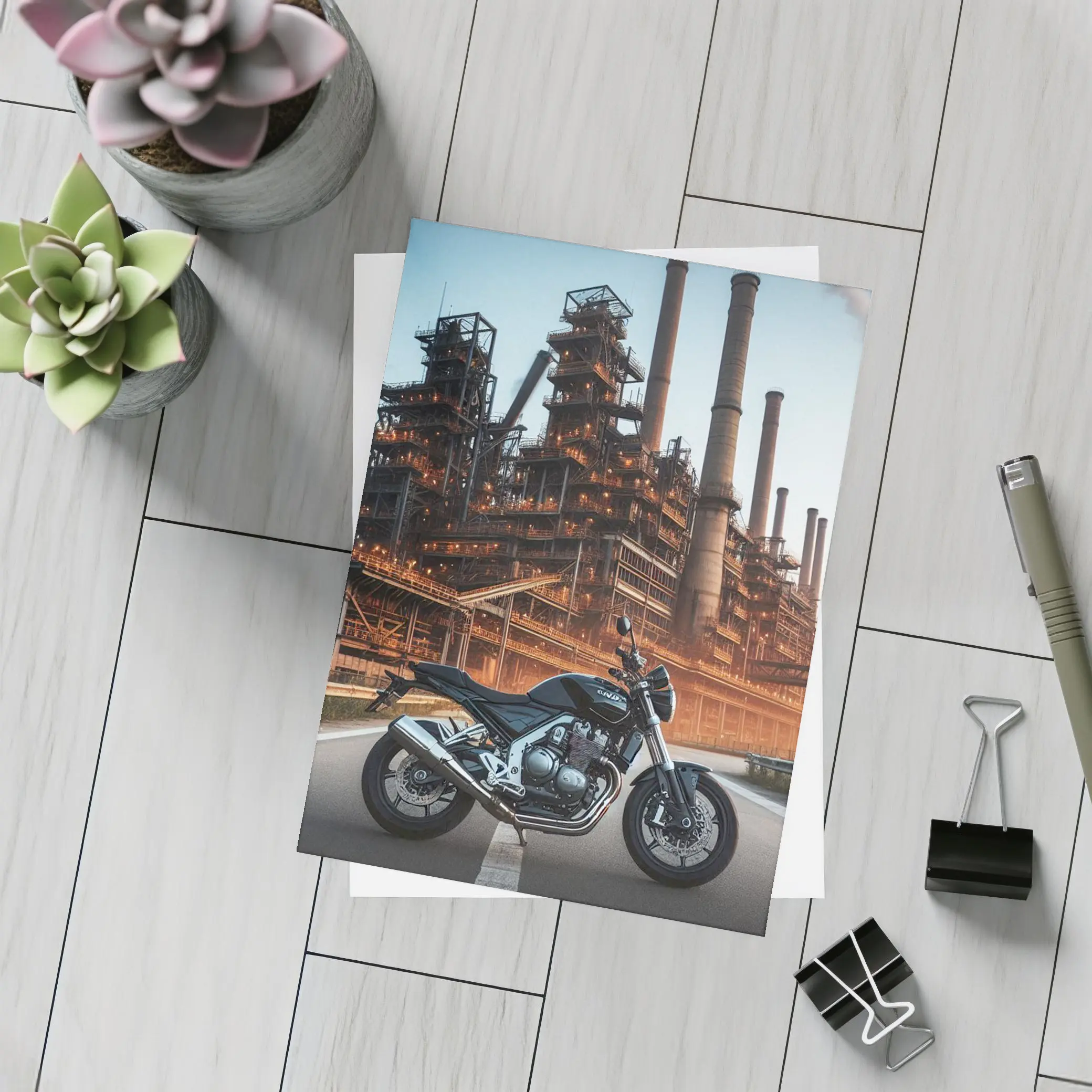 Naked Bike Motorcycle Industrial Refinery Dusk – Postcards