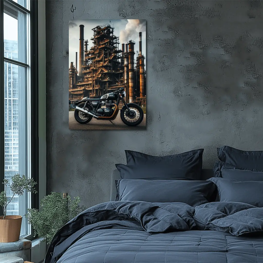 Cafe Racer Motorcycle Industrial Refinery Background – Wall Art