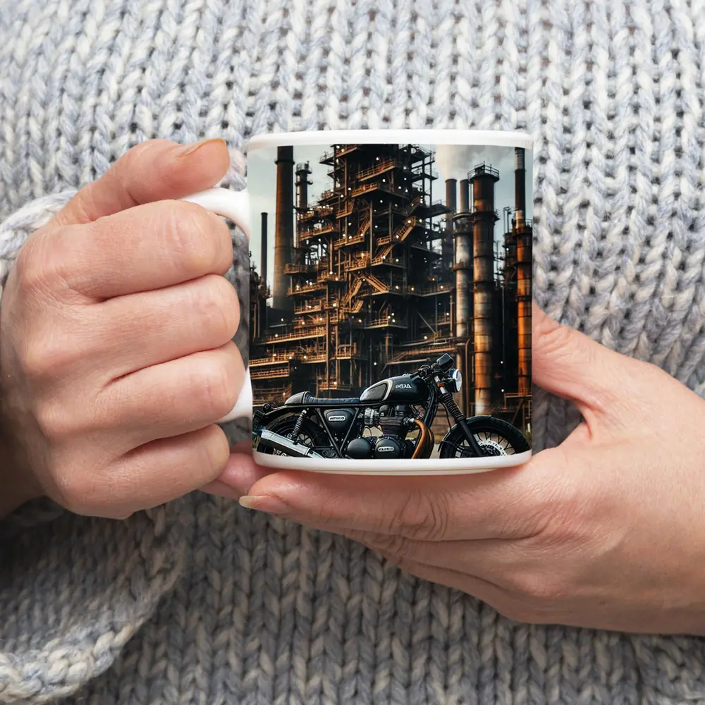 Cafe Racer Motorcycle Industrial Refinery Background – Mugs