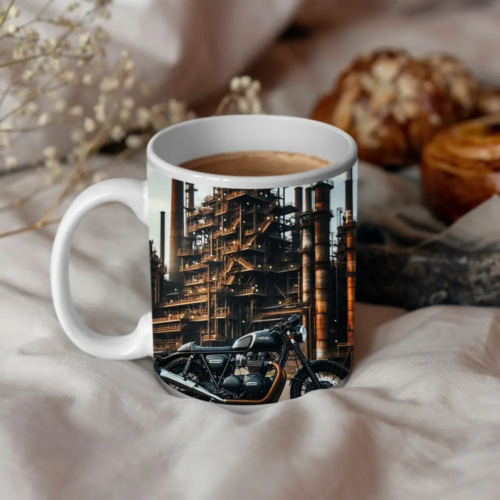 Cafe Racer Motorcycle Industrial Refinery Background – Mugs