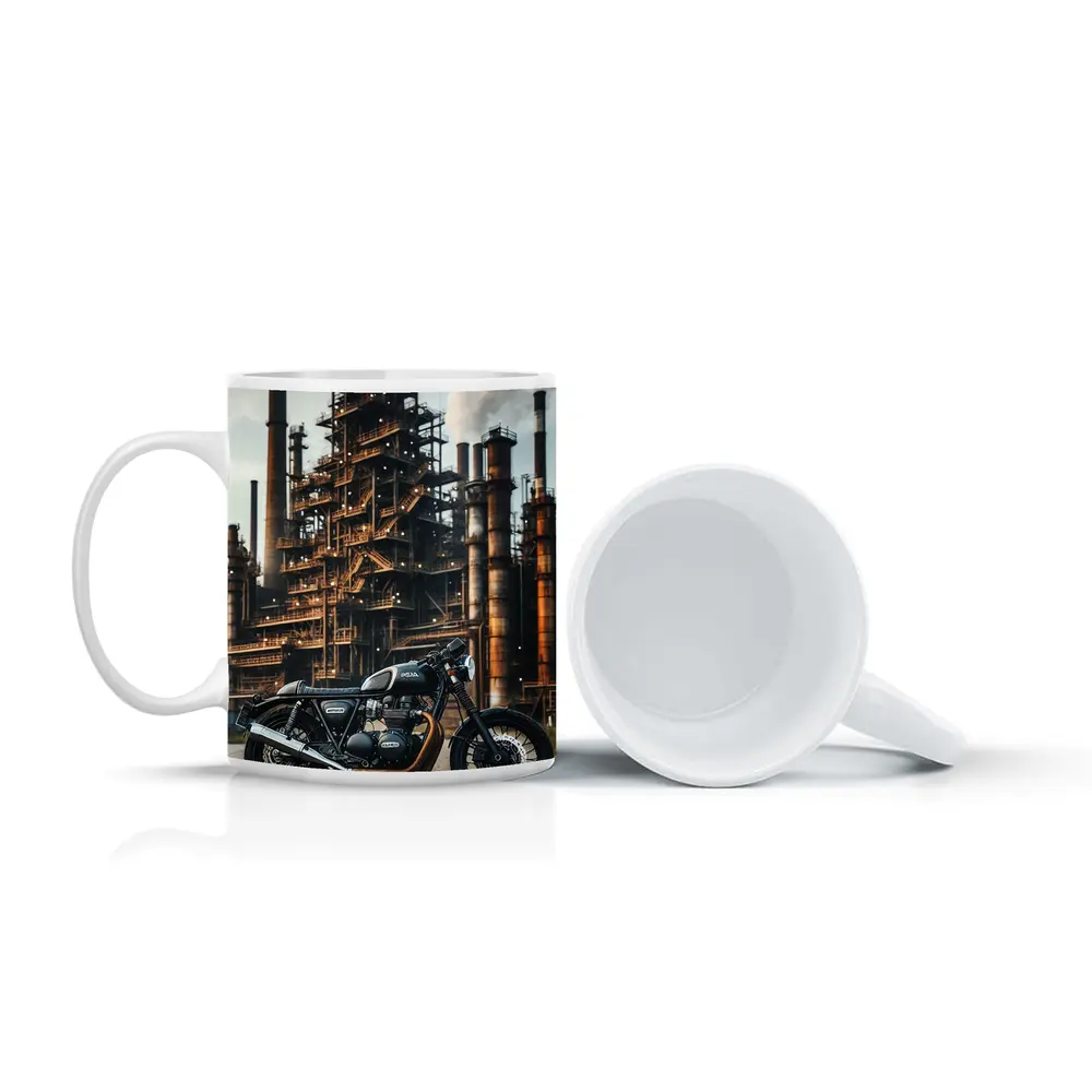 Cafe Racer Motorcycle Industrial Refinery Background – Mugs