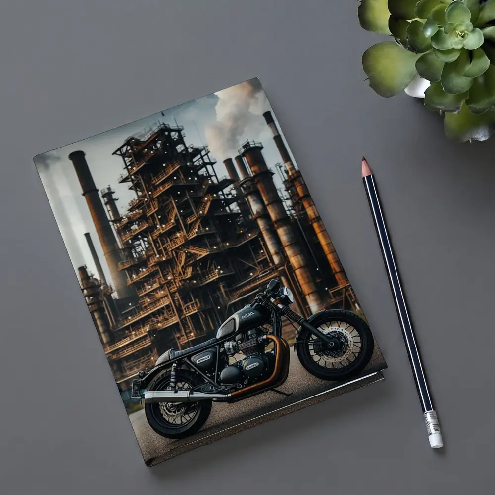 Cafe Racer Motorcycle Industrial Refinery Background – Notebooks