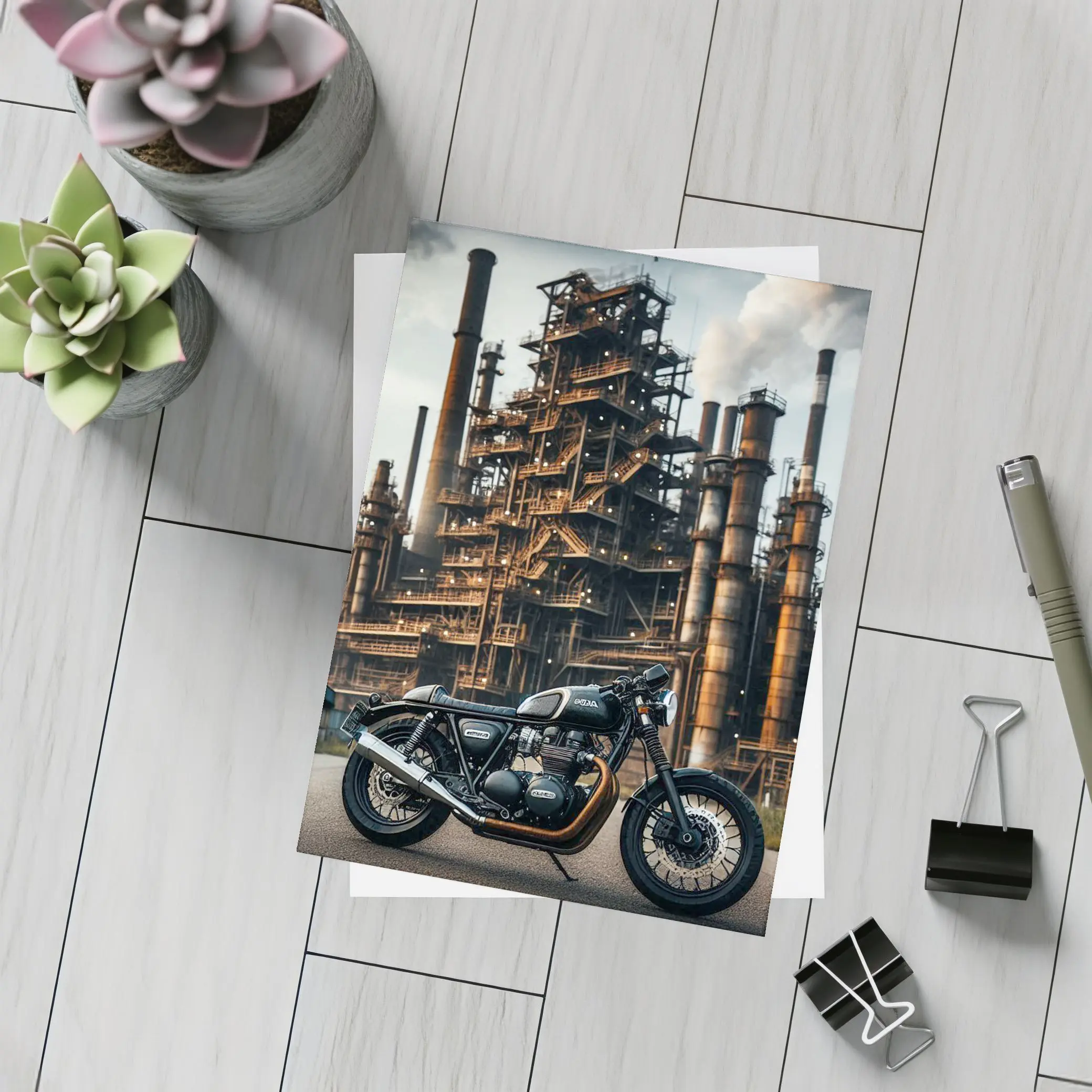 Cafe Racer Motorcycle Industrial Refinery Background – Postcards