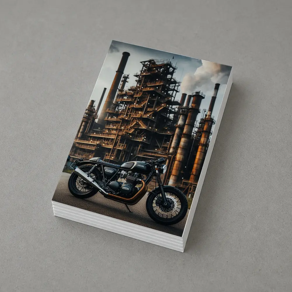 Cafe Racer Motorcycle Industrial Refinery Background – Postcards