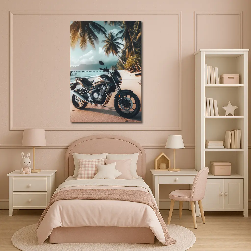 Naked Bike Motorcycle Parked on Tropical Beach – Wall Art