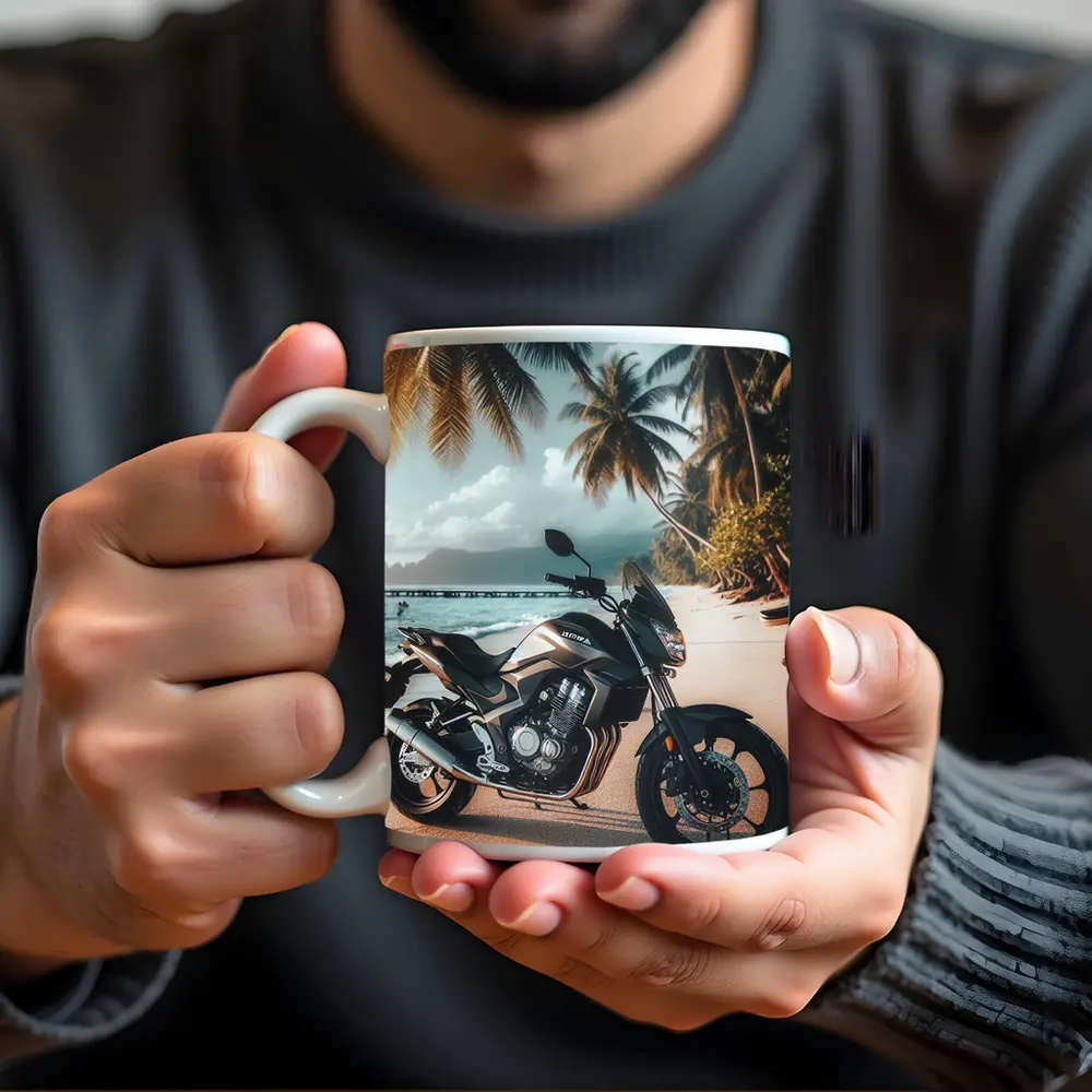 Naked Bike Motorcycle Parked on Tropical Beach – Mugs