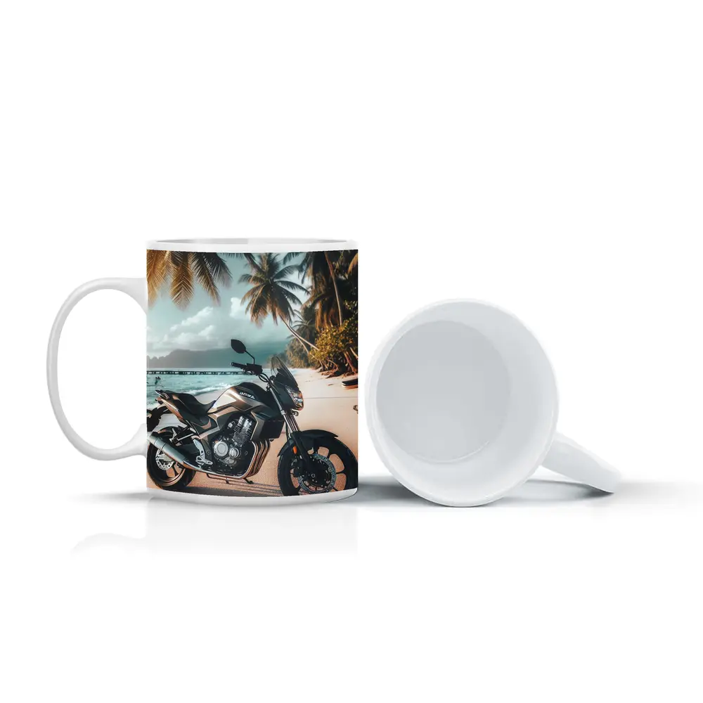 Naked Bike Motorcycle Parked on Tropical Beach – Mugs
