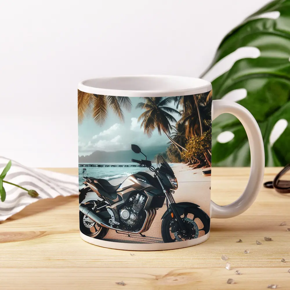 Naked Bike Motorcycle Parked on Tropical Beach – Mugs