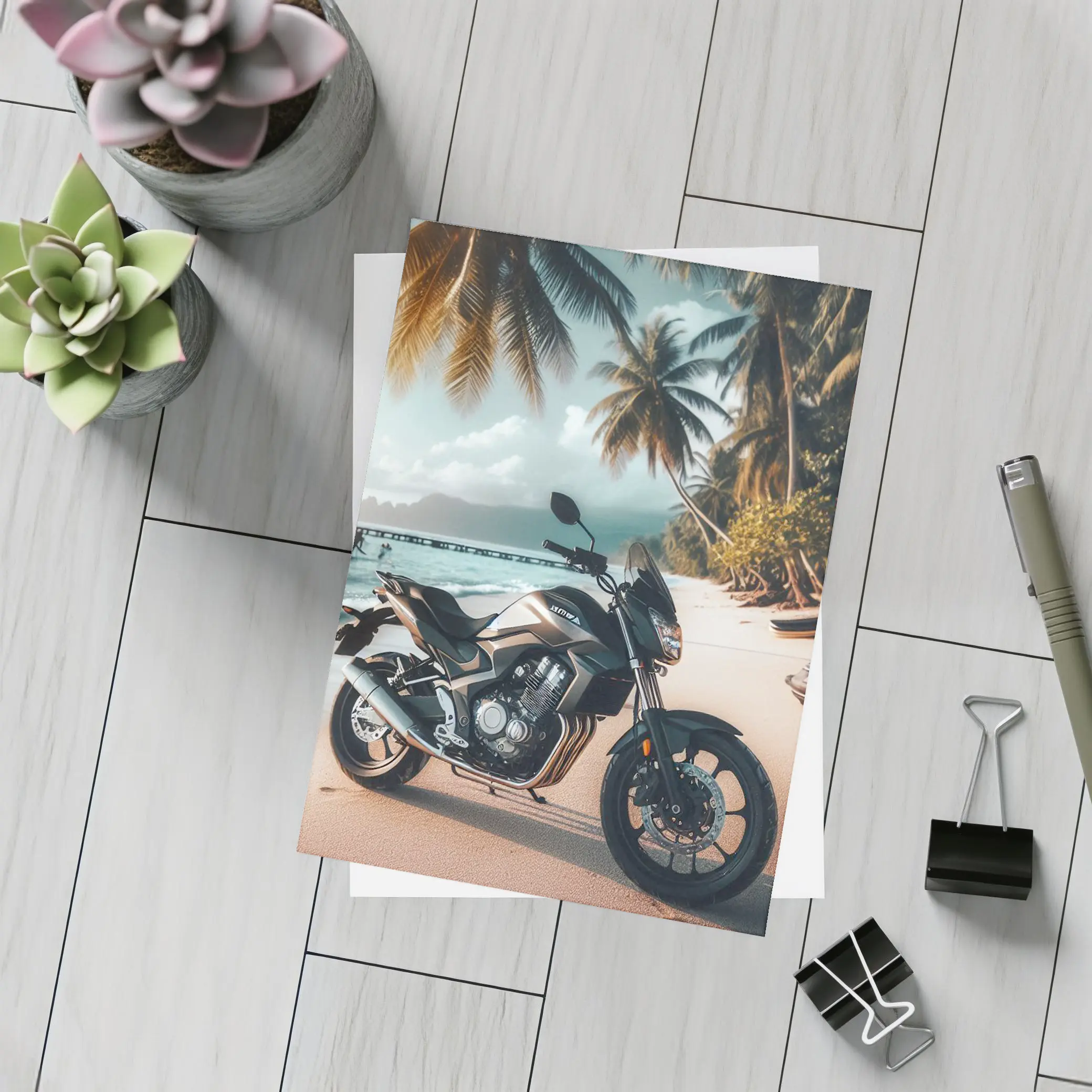 Naked Bike Motorcycle Parked on Tropical Beach – Postcards