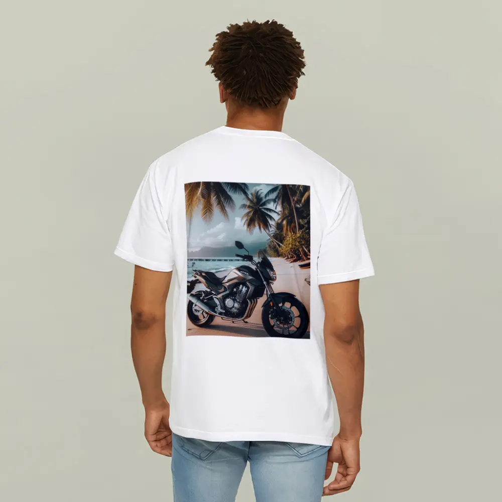 Naked Bike Motorcycle Parked on Tropical Beach – T-Shirts