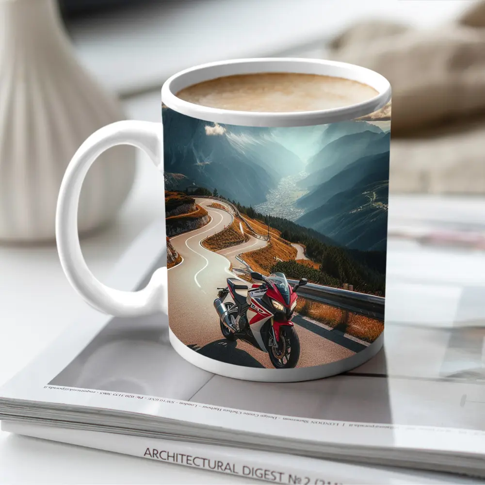 Sport Bike on Winding Alpine Mountain Road – Mugs