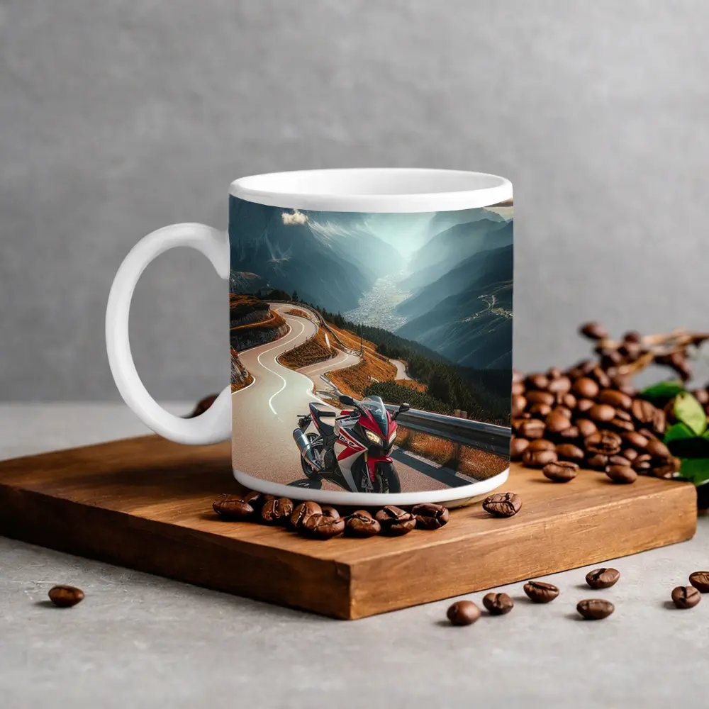 Sport Bike on Winding Alpine Mountain Road – Mugs
