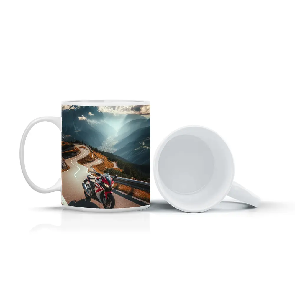 Sport Bike on Winding Alpine Mountain Road – Mugs