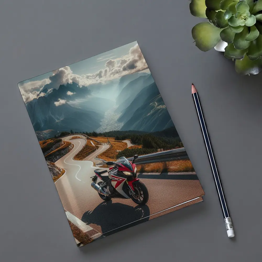 Sport Bike on Winding Alpine Mountain Road – Notebooks