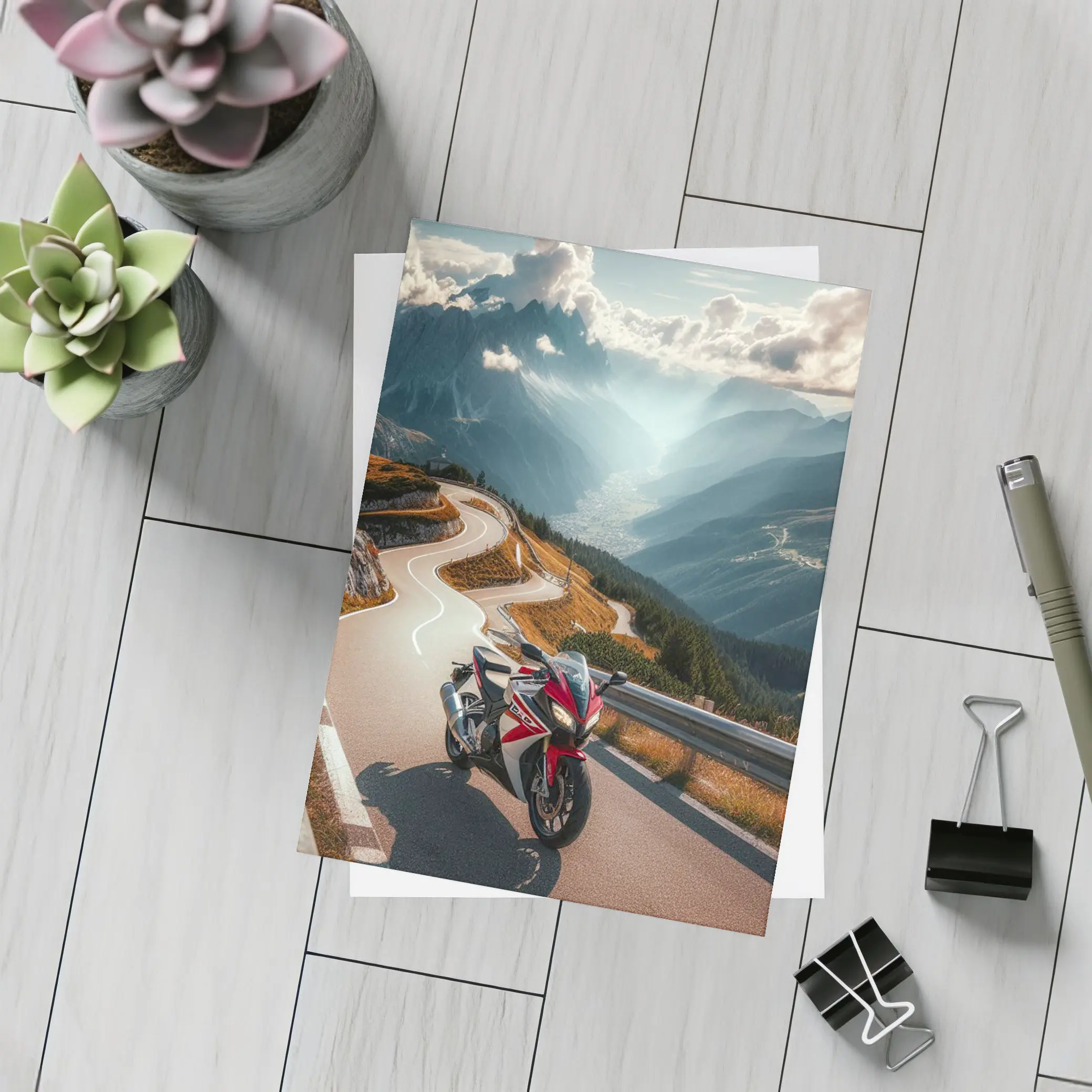 Sport Bike on Winding Alpine Mountain Road – Postcards