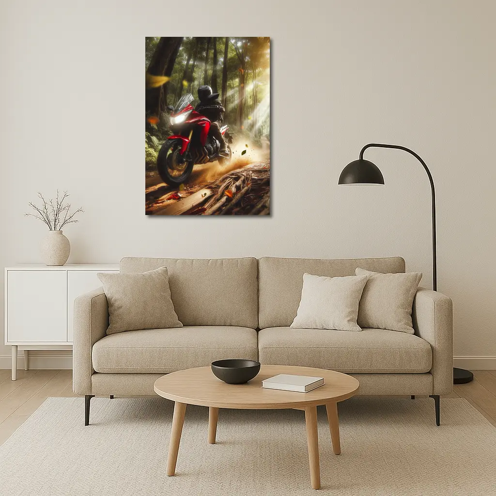 Red Adventure Motorcycle Riding Forest Trail – Wall Art