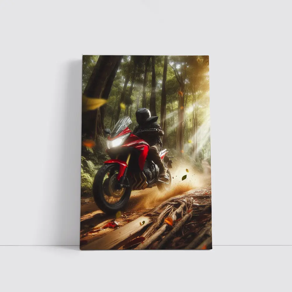 Red Adventure Motorcycle Riding Forest Trail – Wall Art