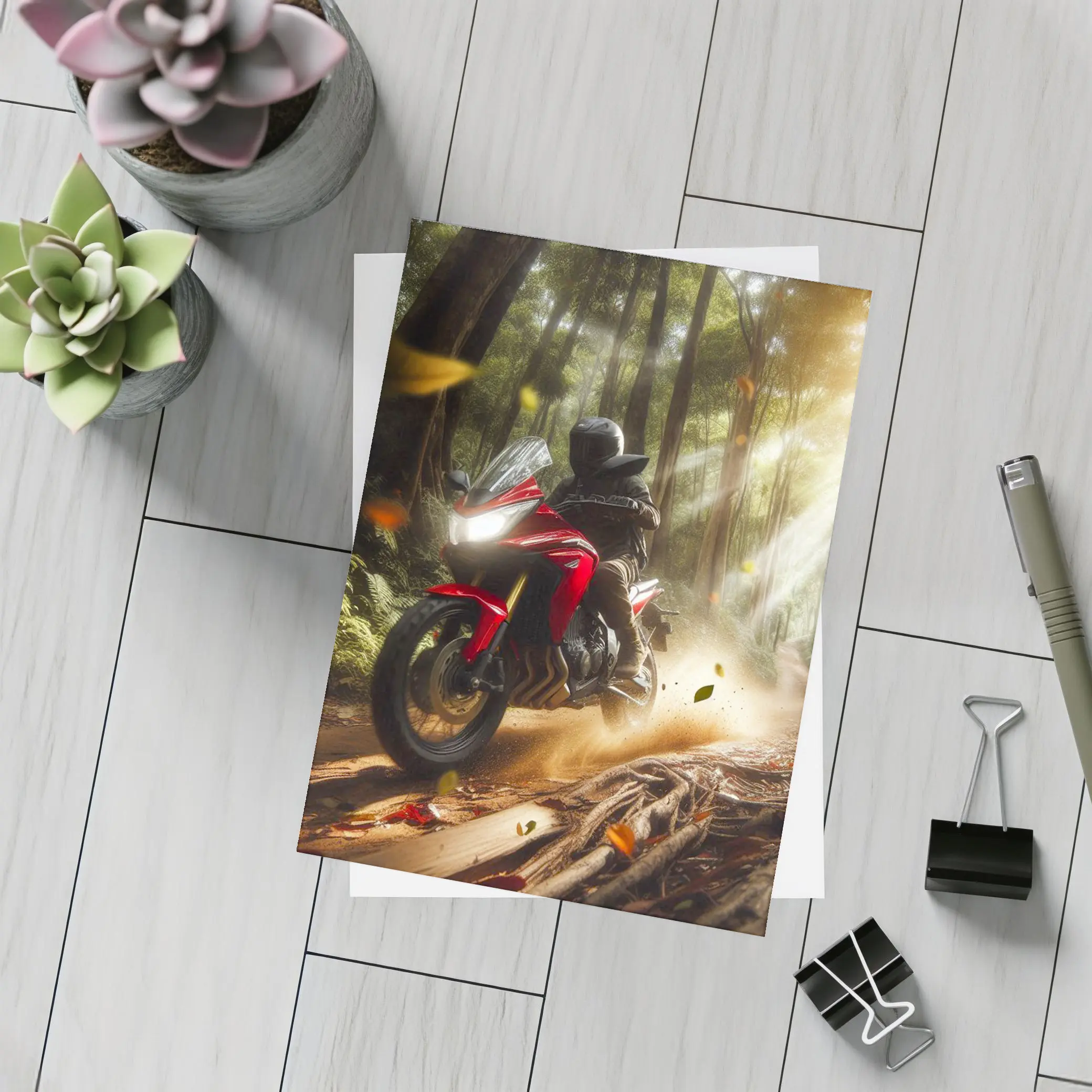 Red Adventure Motorcycle Riding Forest Trail – Postcards