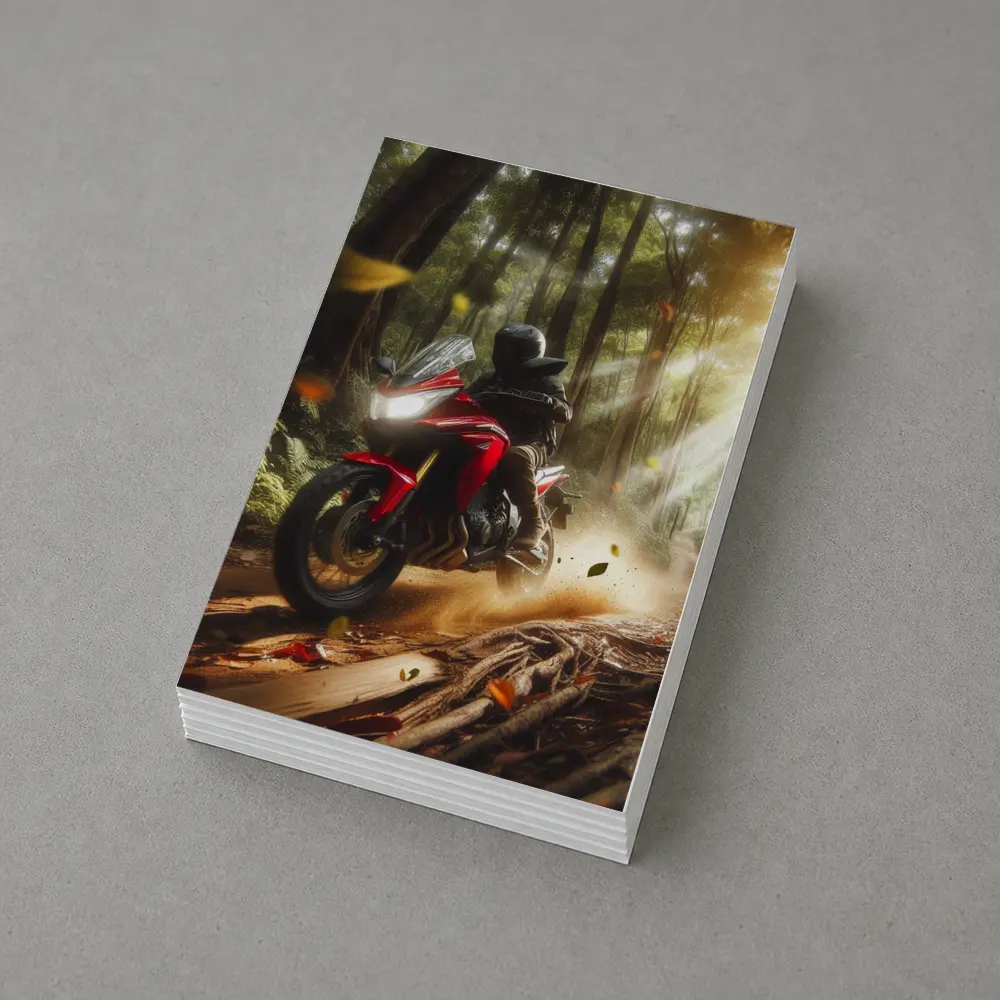 Red Adventure Motorcycle Riding Forest Trail – Postcards