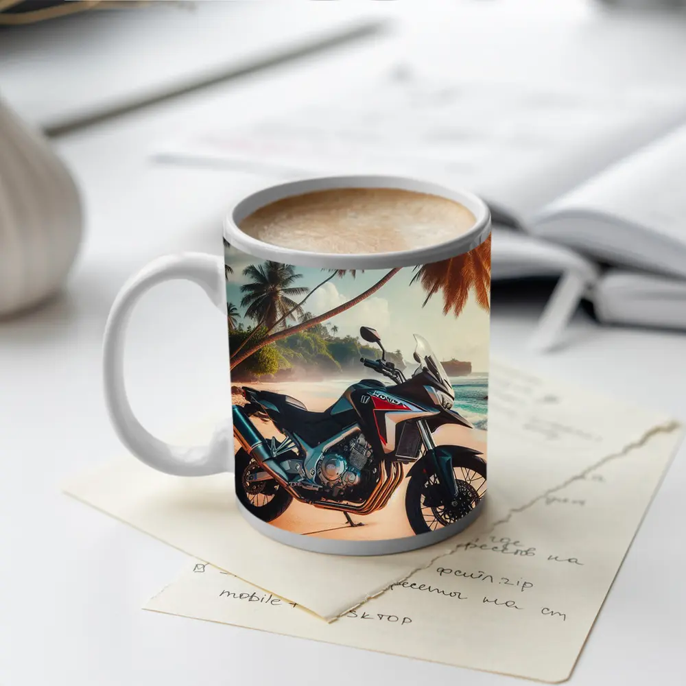 Honda Adventure Motorcycle Tropical Beach Scene – Mugs