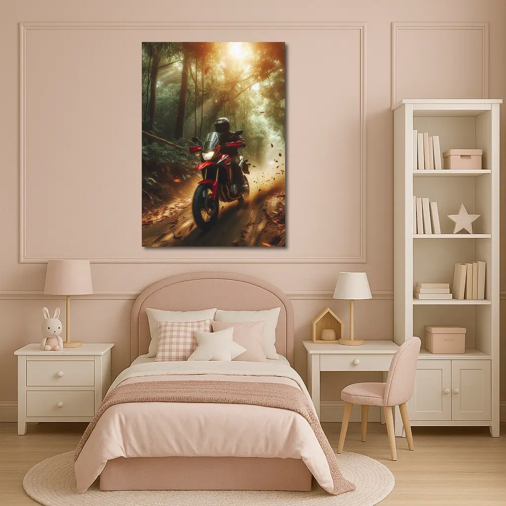 Red Adventure Motorcycle Riding Through Forest – Wall Art