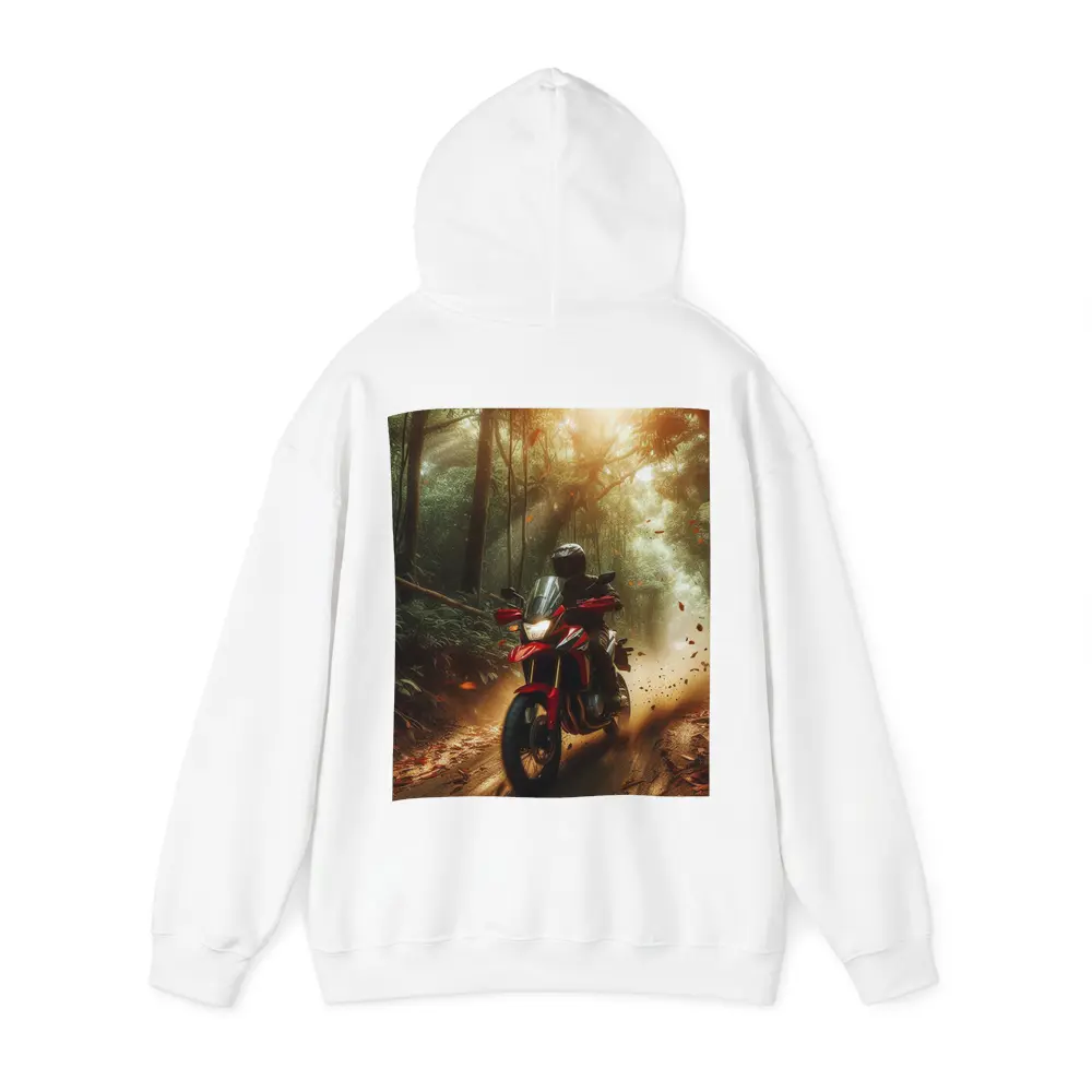 Red Adventure Motorcycle Riding Through Forest – Hoodies