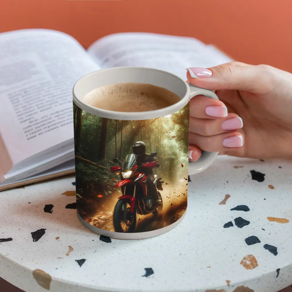 Red Adventure Motorcycle Riding Through Forest – Mugs
