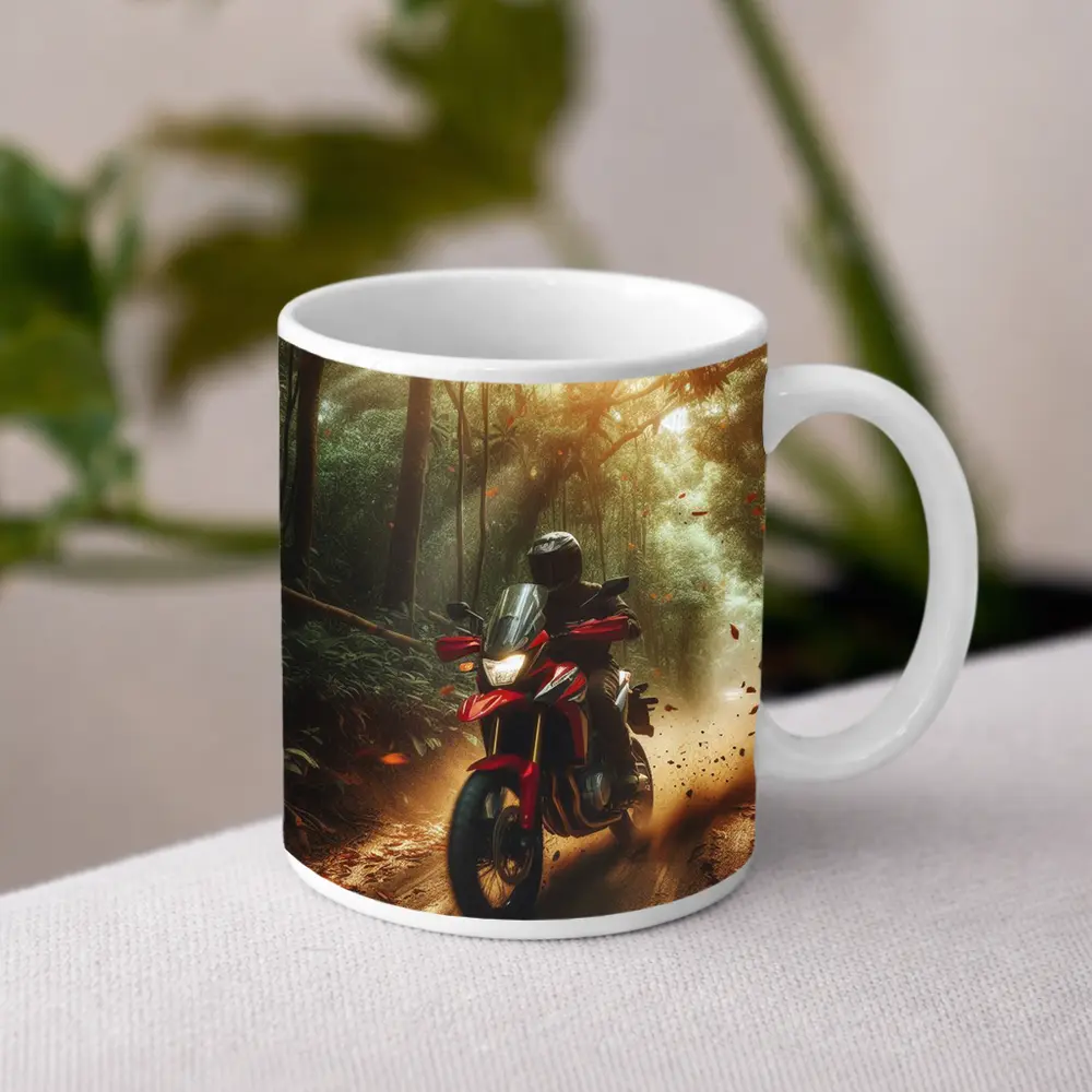 Red Adventure Motorcycle Riding Through Forest – Mugs