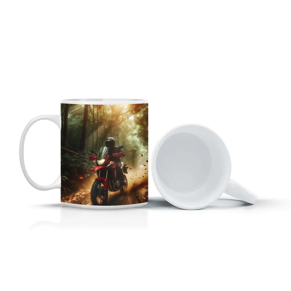 Red Adventure Motorcycle Riding Through Forest – Mugs