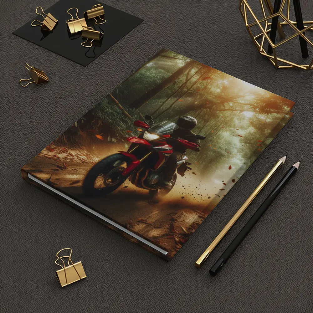 Red Adventure Motorcycle Riding Through Forest – Notebooks
