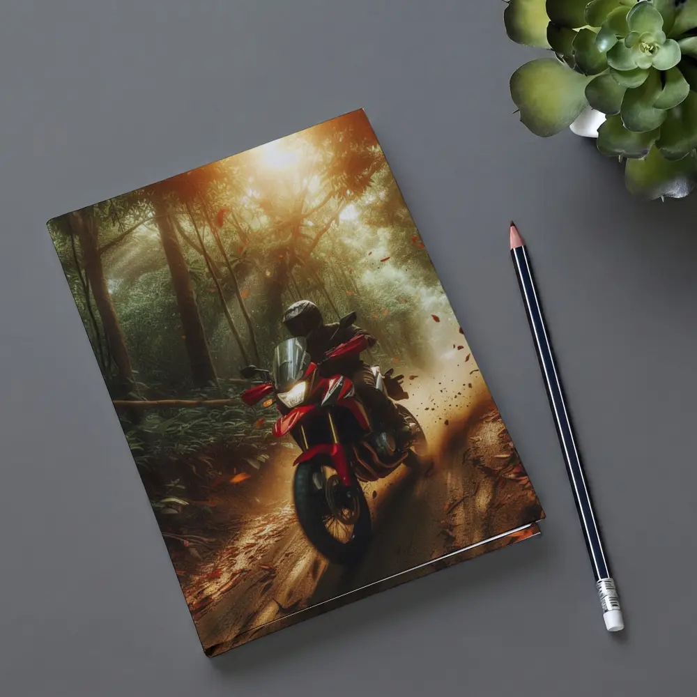 Red Adventure Motorcycle Riding Through Forest – Notebooks