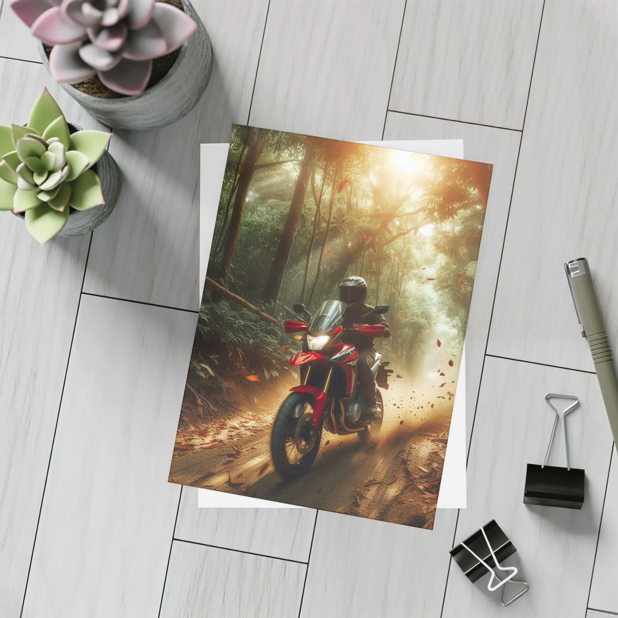 Red Adventure Motorcycle Riding Through Forest – Postcards