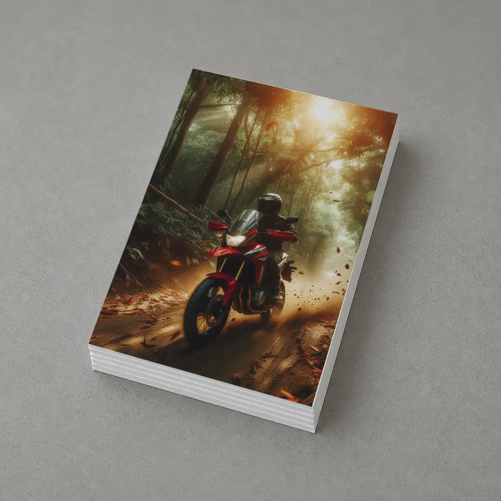 Red Adventure Motorcycle Riding Through Forest – Postcards
