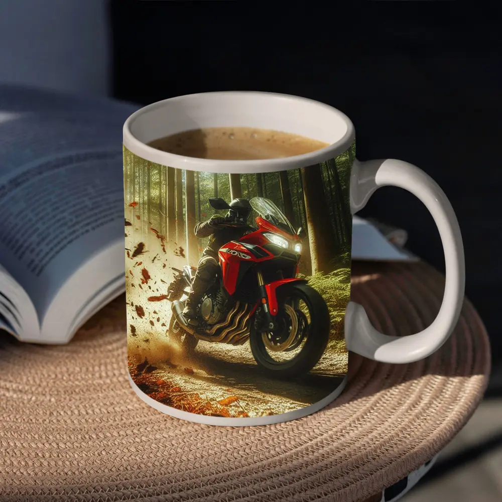 Red Sport Bike Rider Autumn Forest – Mugs
