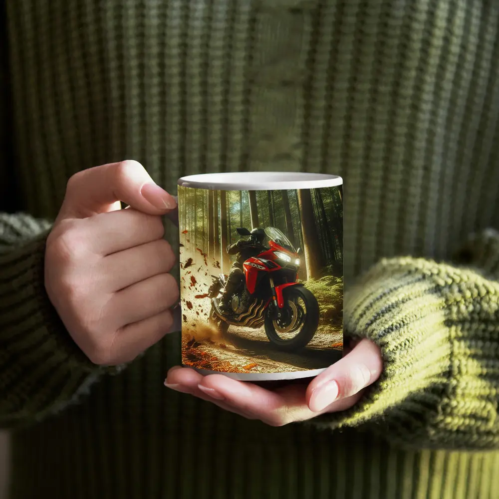 Red Sport Bike Rider Autumn Forest – Mugs