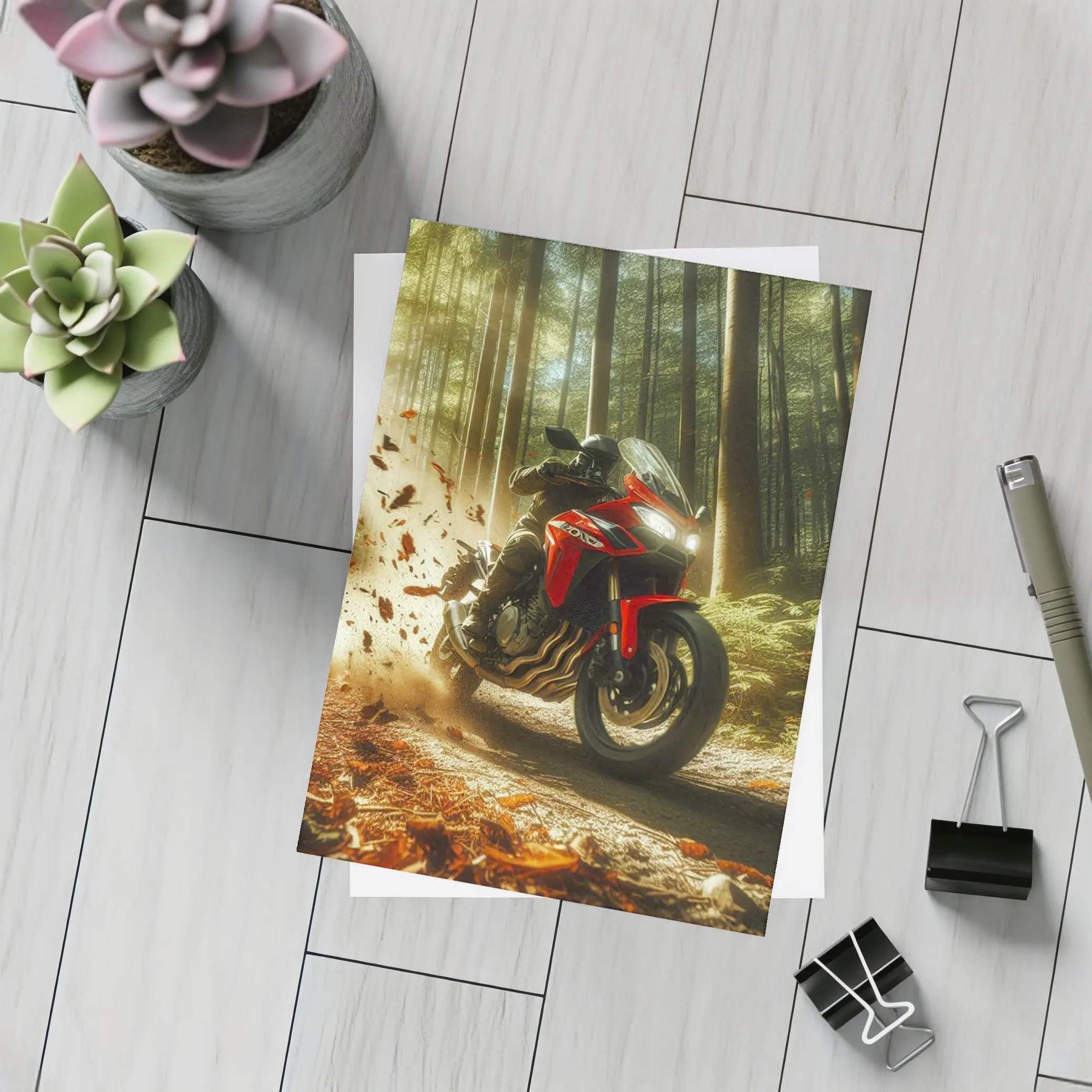 Red Sport Bike Rider Autumn Forest – Postcards