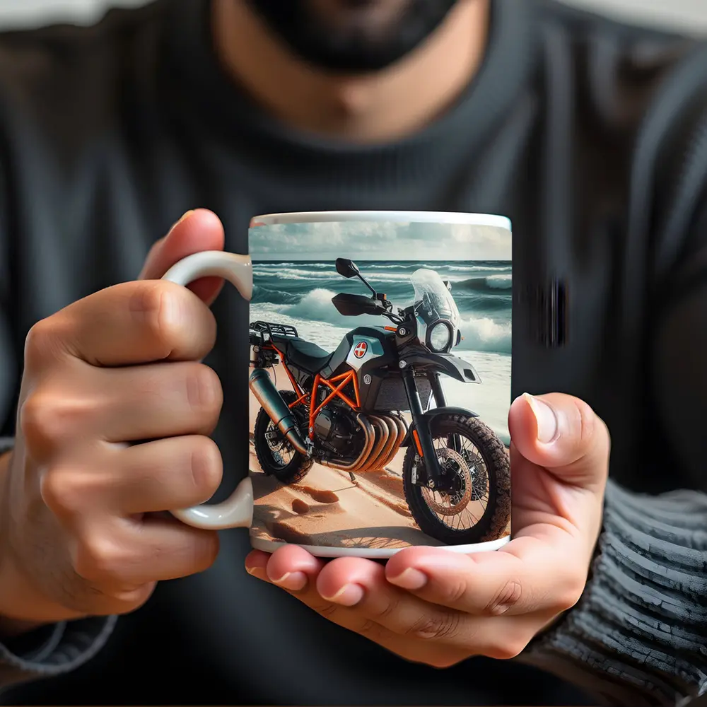Adventure Dual Sport Bike On Sandy Beach – Mugs