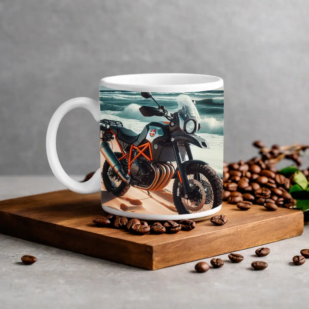 Adventure Dual Sport Bike On Sandy Beach – Mugs