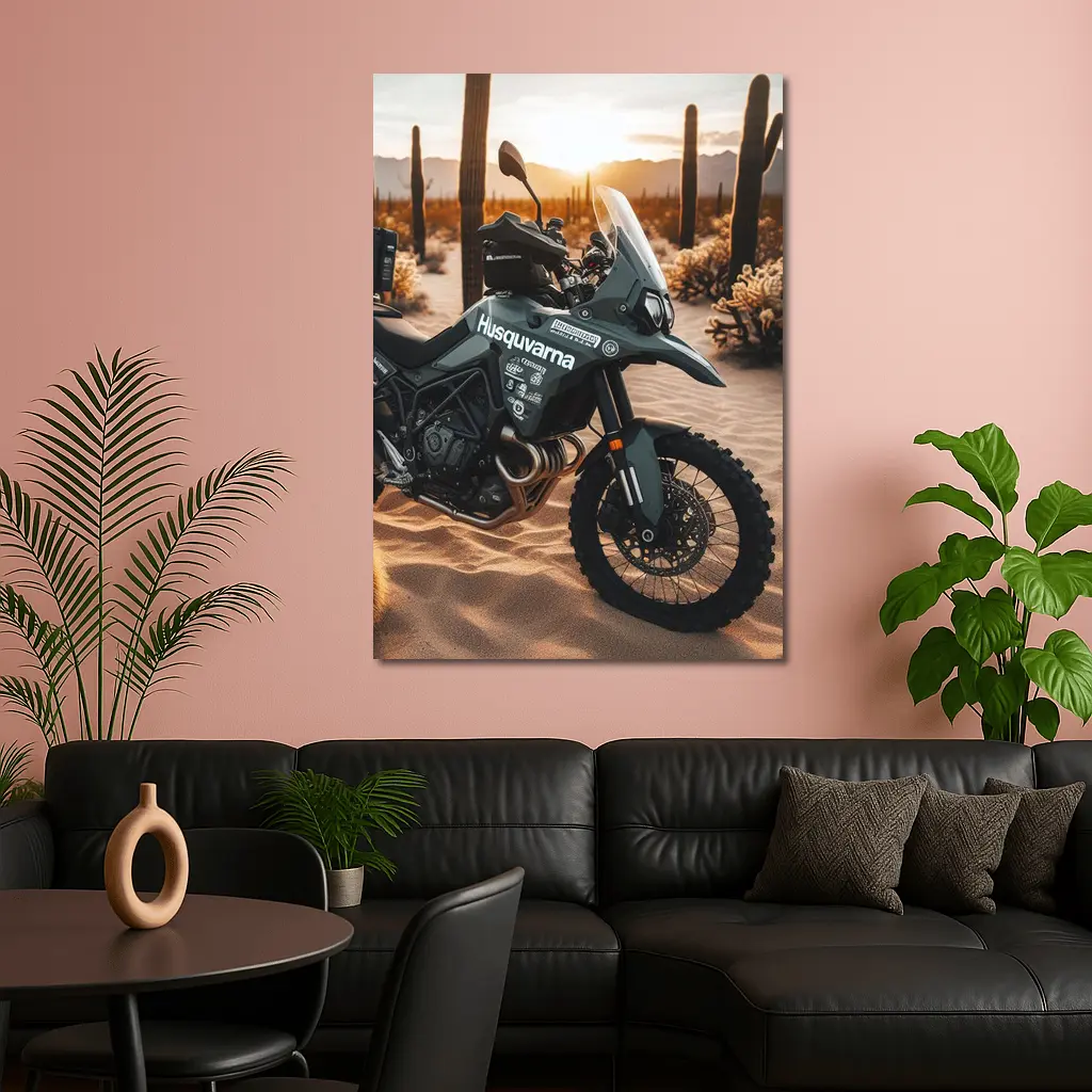 Husqvarna Adventure Motorcycle Desert Sunset Scene – Wall Art