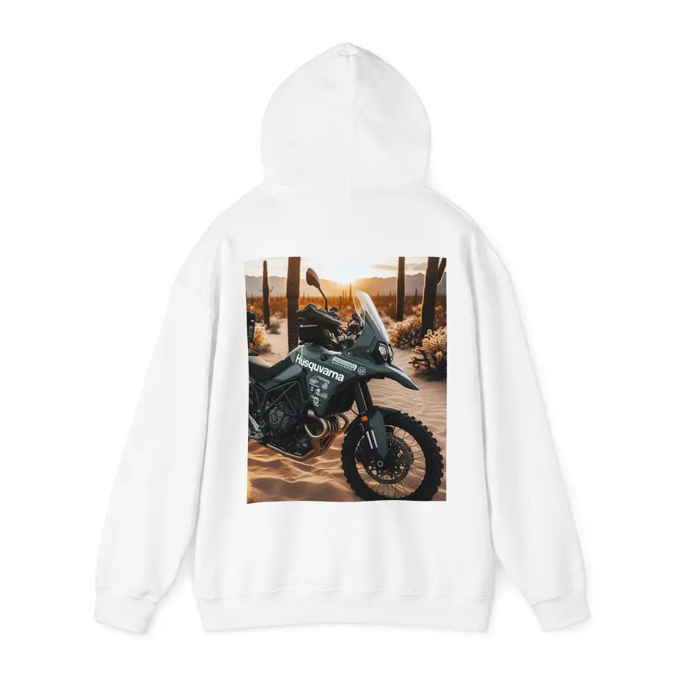 Husqvarna Adventure Motorcycle Desert Sunset Scene – Hoodies