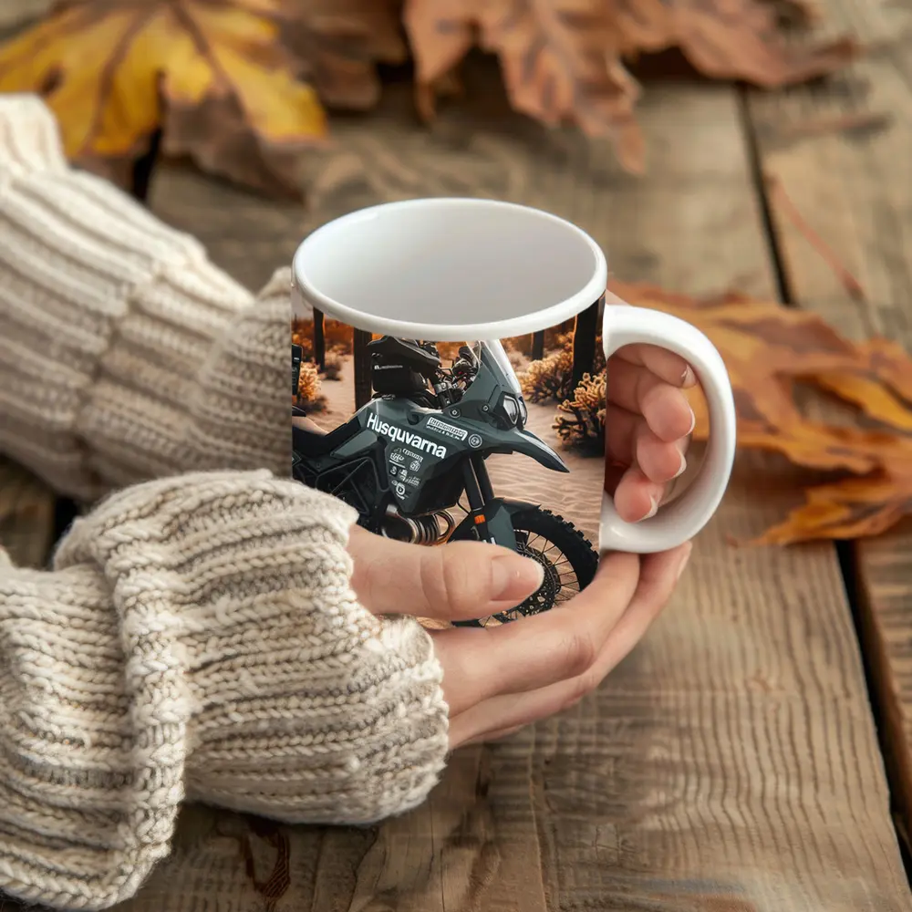 Husqvarna Adventure Motorcycle Desert Sunset Scene – Mugs