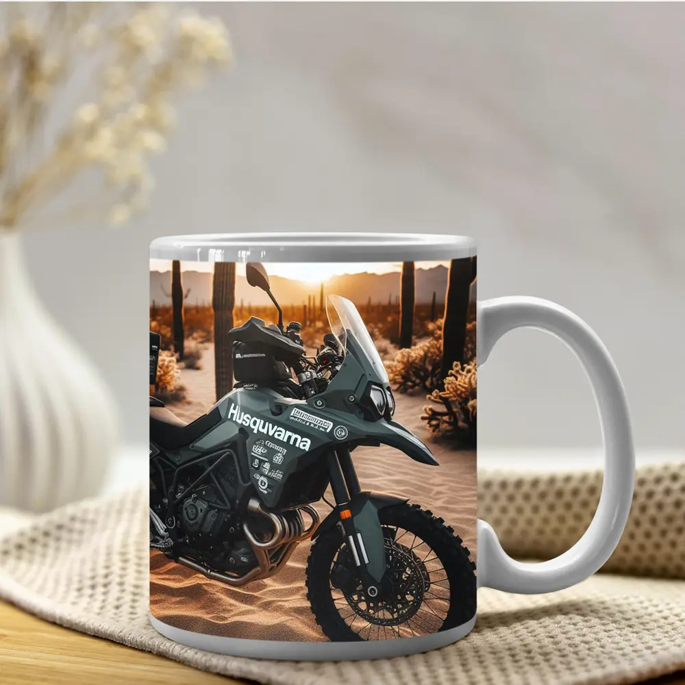 Husqvarna Adventure Motorcycle Desert Sunset Scene – Mugs