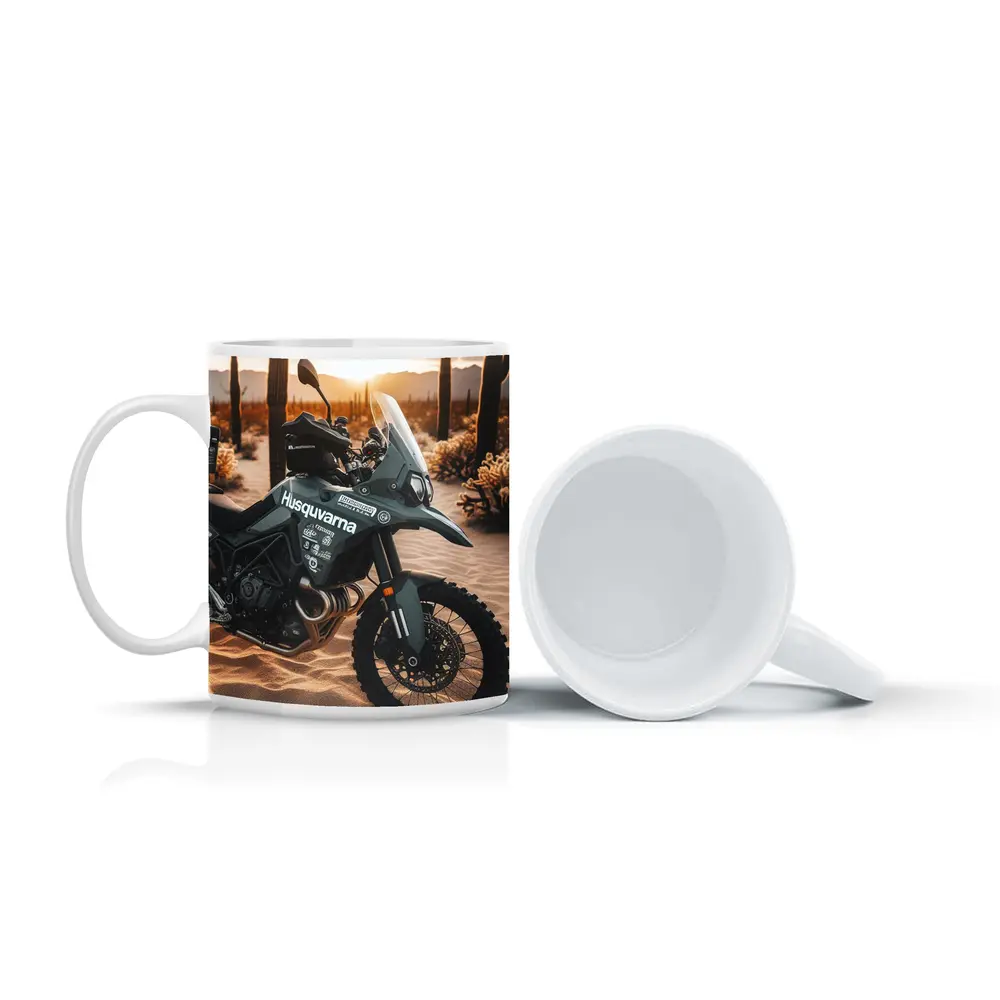 Husqvarna Adventure Motorcycle Desert Sunset Scene – Mugs