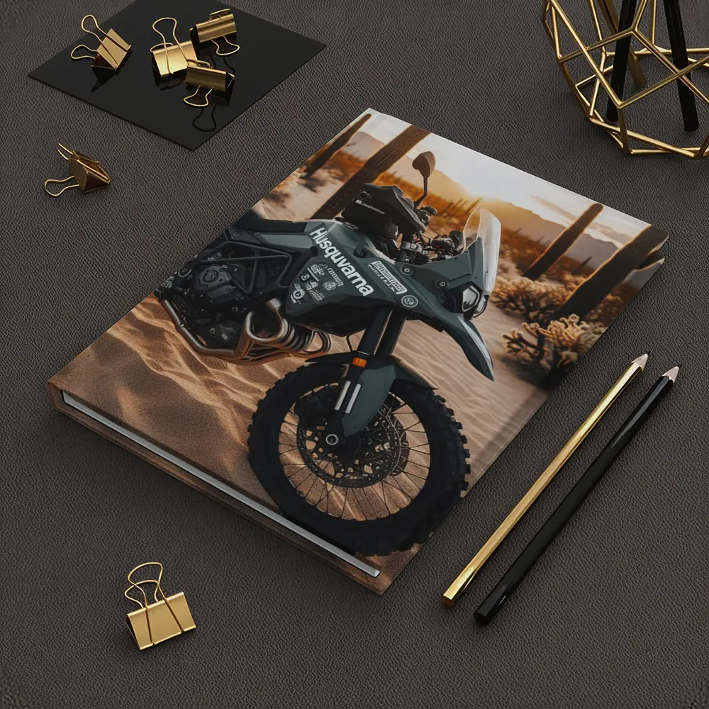 Husqvarna Adventure Motorcycle Desert Sunset Scene – Notebooks