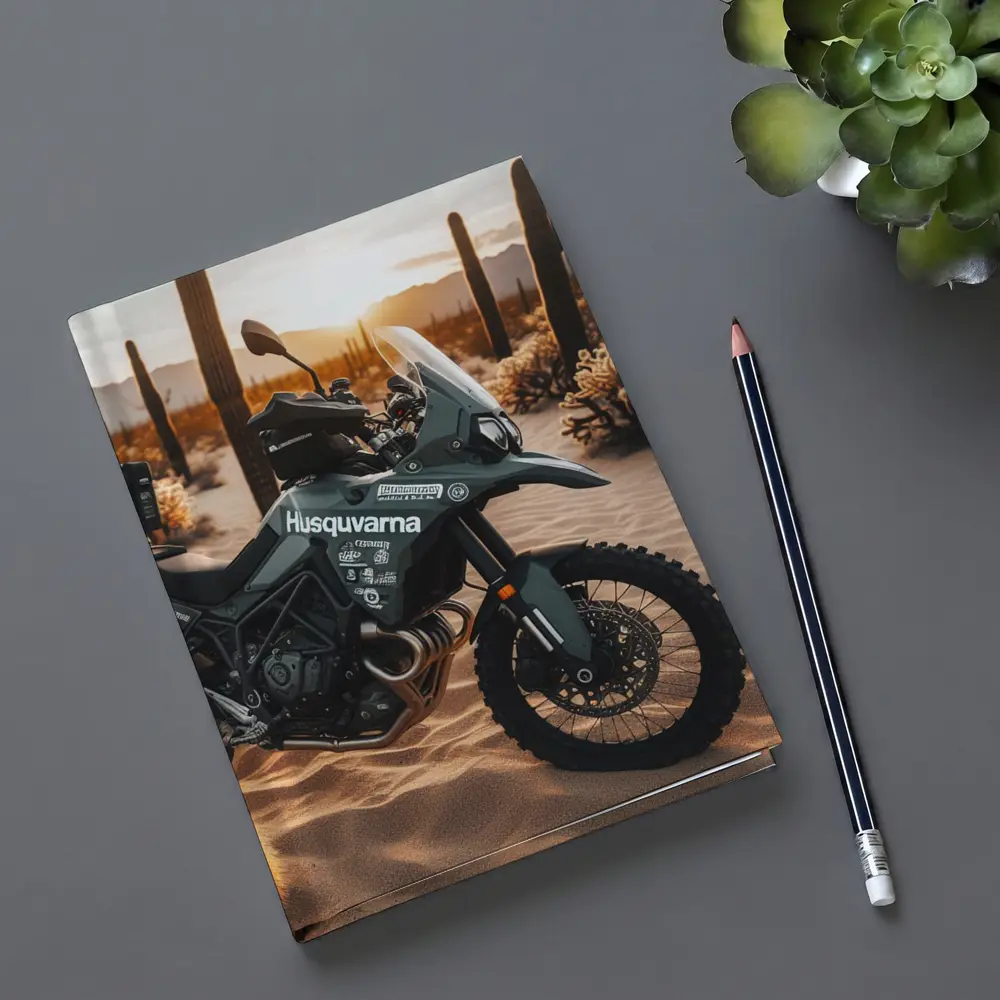Husqvarna Adventure Motorcycle Desert Sunset Scene – Notebooks