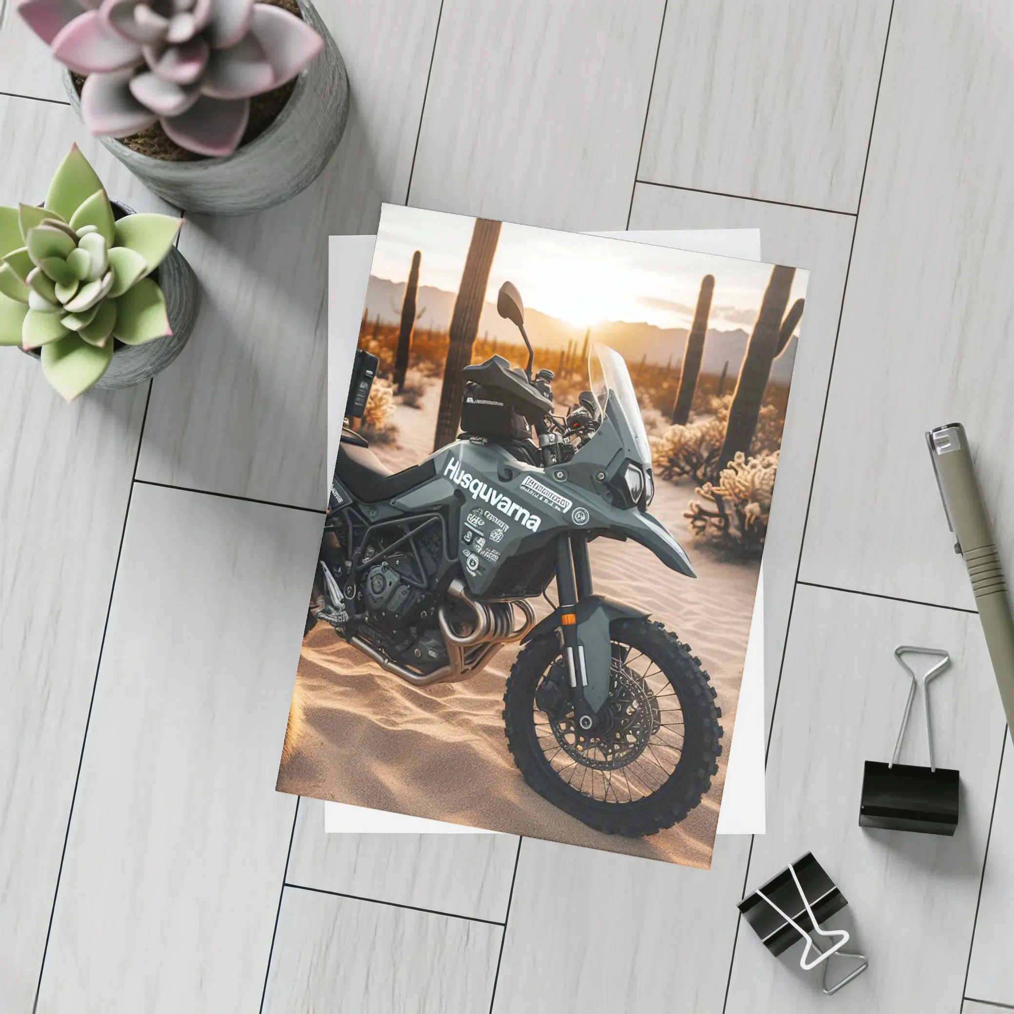 Husqvarna Adventure Motorcycle Desert Sunset Scene – Postcards