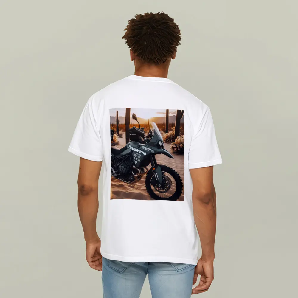 Husqvarna Adventure Motorcycle Desert Sunset Scene – T-Shirts